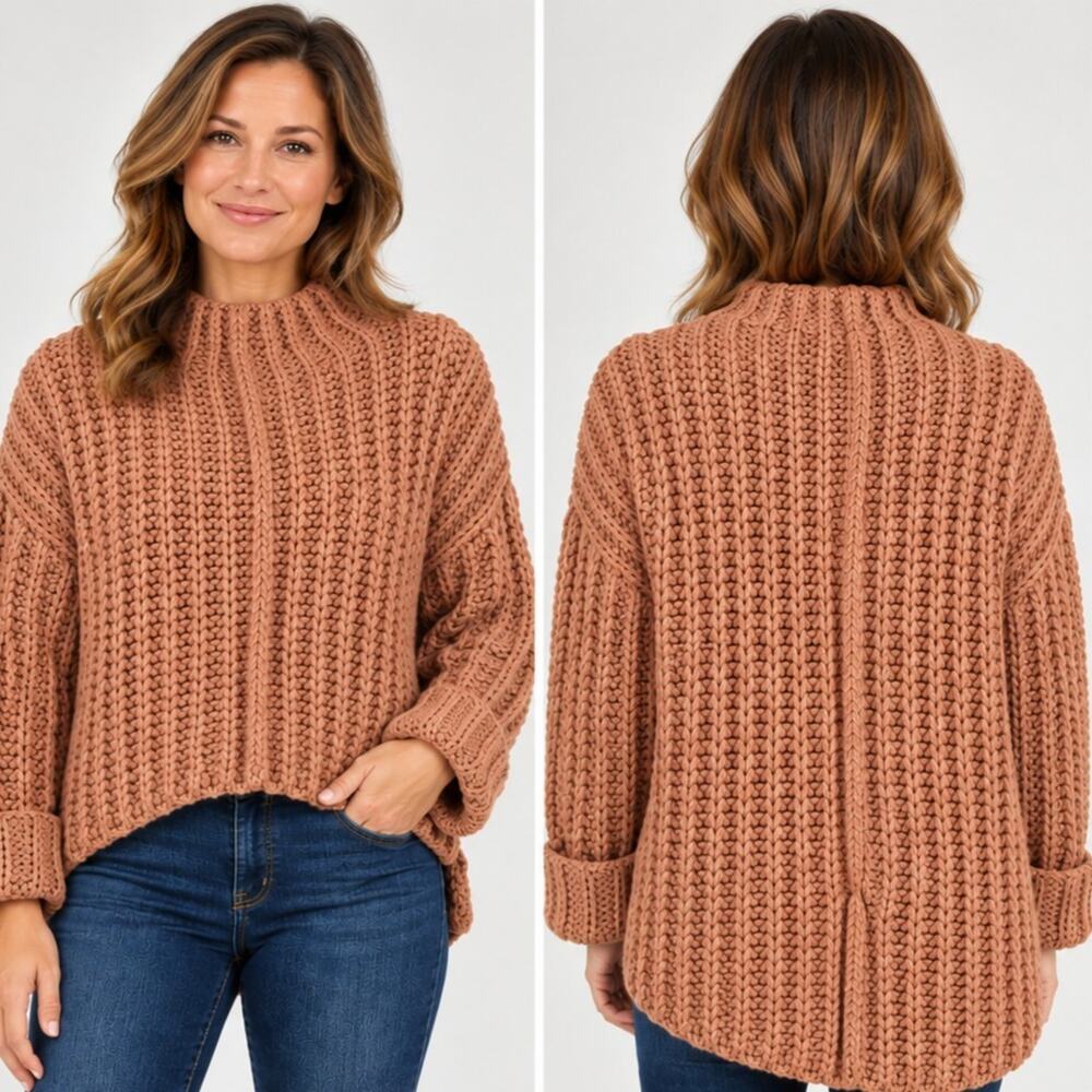 Anthropologie Saturday Sunday Chunky Rib Knit Mock Neck Sweater MP Dusty Rose